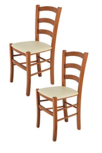 Tommychairs - 2er Set Stühle VENICE für Küche und Esszimmer, robuste Struktur aus lackiertem Buchenholz im Farbton Kirschholz und gepolsterte Sitzfläche mit KUNSTLEDER in der Farbe Elfenbein bezogen von t m c s