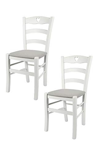 t m c s Tommychairs - 2er Set Stühle Cuore für Küche und Esszimmer, Robuste Struktur aus Buchenholz, deckend Weiss lackiert und gepolsterte Sitzfläche mit Stoff in der Farbe Perlgrau bezogen von t m c s