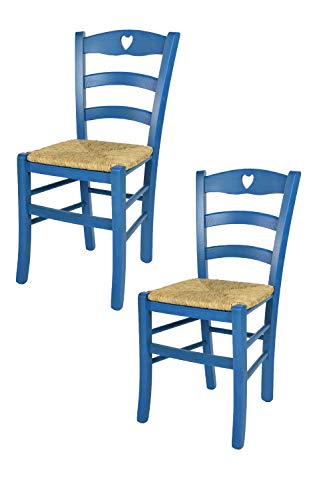 t m c s Tommychairs - 2er Set Stühle Cuore für Küche und Esszimmer, Robuste Struktur aus Buchenholz, in Anilinfarbe Blau lackiert und Sitzfläche aus Stroh von t m c s