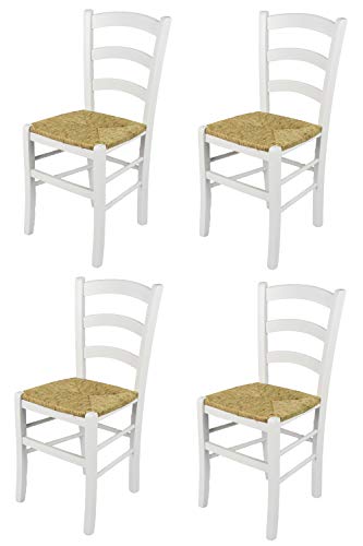 t m c s Tommychairs - 4er Set Stühle Venezia für Küche und Esszimmer, Robuste Struktur aus lackiertem Buchenholz im Farbton Weiss (deckend) und Sitzfläche aus Stroh von t m c s