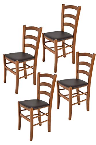 Tommychairs - 4er Set Stühle VENICE für Küche und Esszimmer, Struktur aus lackiertem Buchenholz im Farbton helles Nussbraun und gepolsterte Sitzfläche mit Kunstleder in der Farbe Mokka bezogen von t m c s