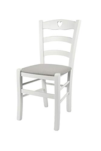 t m c s Tommychairs - Stuhl Cuore für Küche und Esszimmer, Robuste Struktur aus Buchenholz, deckend Weiss lackiert und gepolsterte Sitzfläche mit Stoff in der Farbe Perlgrau bezogen von t m c s