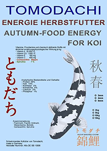 Herbstfutter für Koi, Energiefutter für Koi im Herbst, hochenergiereiches Spirulinafutter liefert den Koi Energiereserven für den Winter, gegen Energiemangelsyndrom. Tomodachi Herbstenergiefutter für Koi jeden Alters, Autumn Food Energy Premium Schwimmfutter für Koi, 2kg Gebinde. Bitte wählen Sie nachstehend die gewünschte Pelletgröße aus. (4mm Pellets) von Tomodachi Herbstenergiefutter