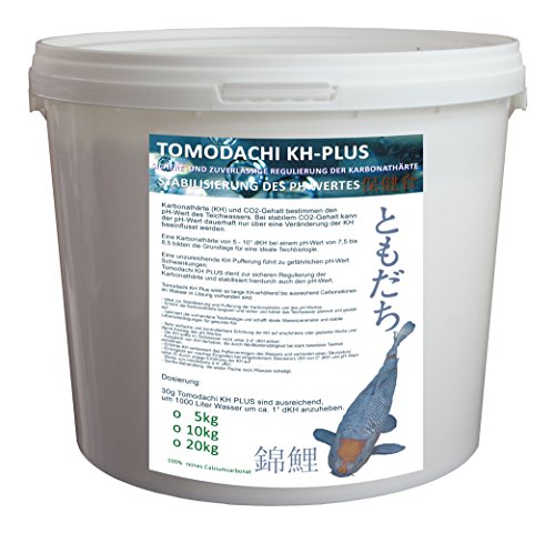 Tomodachi KH-Plus hebt Carbonathärte im Teich für eine intakte Teichbiologie für gesunde Koi erhöht das Säurebindungsvermögen (SBV) im Teichwasser puffert den PH-Wert zuverlässig KH-Plus 5kg Eimer von Tomodachi