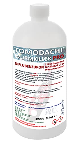 Wurmmittel für Koiteich und Gartenteich, effektives Mittel gegen Karpfenläuse und andere chitinhaltige Ektoparasiten, Tomodachi Wurmkiller Pro, Diflubenzuron, professioneller Entwicklungsinhibator 1000ml Flasche für die Behandlung von 50.000L Teichwasser von Tomodachi Wurmkiller