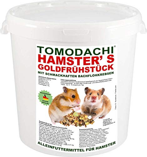 Hamsterfutter mit tierischem Eiweiß, Alleinfuttermittel für Hamster mit Bachflohkrebsen (Gammarus), leckerem Gemüse, Körnern und Saaten, Tomodachi® Hamster's Goldfrühstück 1kg Eimer von Tomodachi