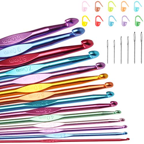 Tomorotec Häkelnadel Set,14 Stück Crochet Hook Mehrfarbig, 14 Größen 2mm-10mm,Aluminium-Stricknadeln für Garn, Bastelset mit Maschenmarkern und Nadeln mit großem Öhr von Tomorotec