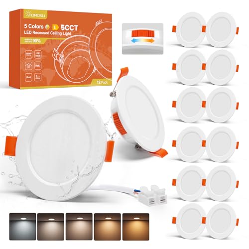 TOMOSU 12er Set 5CCT Led Einbaustrahler 230v, 5W Led Spots 230v 550LM, IP44 Einbauleuchten Decke 70-80mm Lochmaß, Einbauspots Warmweiß Neutralweiß Kaltweiß Decken Spots für Badezimmer Küche Wohnzimmer von Tomosu