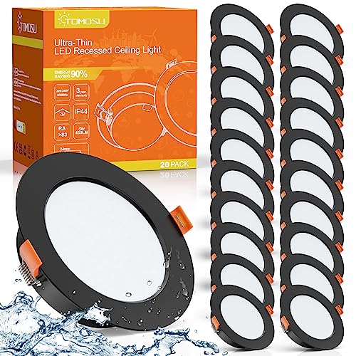 Tomosu 20 Stück LED Einbaustrahler 230V Schwarz, 5W 450LM Einbaustrahler LED Flach, Warmweiß 2700K-3000K, IP44 LED Spots Deckenleuchte für Badezimmer Küche Wohnzimmer, Rund von Tomosu