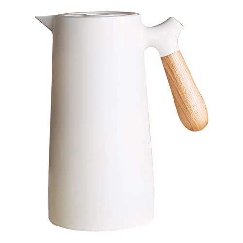 34oz/1L Thermo Kaffeekaraffe, Doppelwandige Vakuum Kaffee Teekanne mit Glaseinsatz, Isolierte Kaffee Thermoskanne mit Holzgriff, Hält Heiß und Kalt(Weiß) von Tomotato