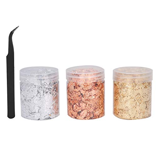 3pcs Gold Folienflocken mit Pinzetten, 3 Farben Imitation Blattgold, Gold Silber Roségold Metallic Foil Flocke für Harzschmuck, Nägel, Malerei Kunst, Handwerk(5g x 3) von Tomotato