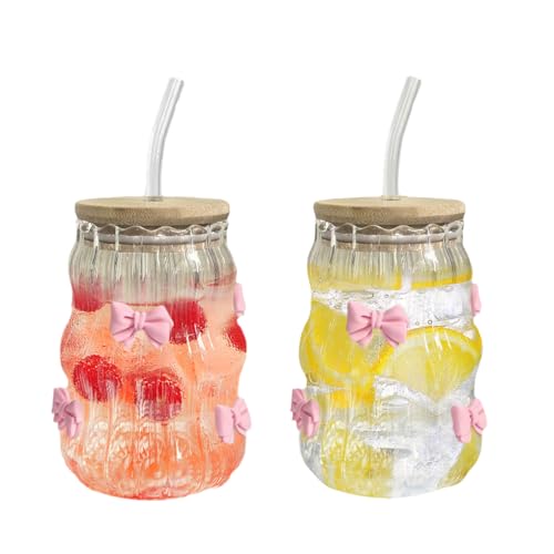 2 Stück Trinkglas mit Strohhalm und Deckel, 450 ml Matcha Gläser Eiskaffee Gläser Ästhetische Glasbecher mit Deckel und Strohhalm für Latte, Macchiato, Cappuccino, Milch, Eiskaffee und Eistee (Bogen) von Tomotato