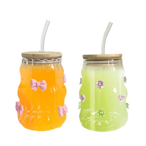2 Stück Trinkglas mit Strohhalm und Deckel, 450 ml Matcha Gläser Eiskaffee Gläser Ästhetische Glasbecher mit Deckel und Strohhalm für Latte, Macchiato, Milch, Eiskaffee und Eistee (Bogen&Rose) von Tomotato
