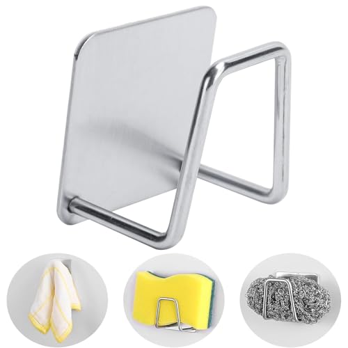 Tomotato Schwammhalter Spülbecken, 5x5x3,4cm Selbstklebend SUS304 Edelstahl Schnell Trocknend Haken für Schwamm Spülbürste Geschirrtuch, wasserdichte Spülenablage Küchenzubehör(Silber) von Tomotato