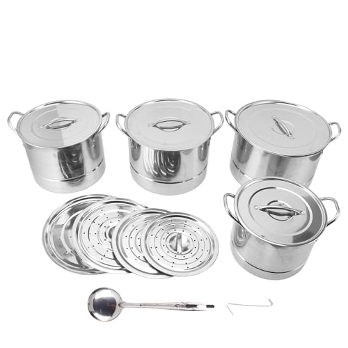 Tomotato Edelstahl Topfset, 4-teiliges Kochgeschirr mit 8 Deckel für Kochen, Dämpfen und Braten, Spülmaschinengeeignet, Platzsparend stapelbar von Tomotato