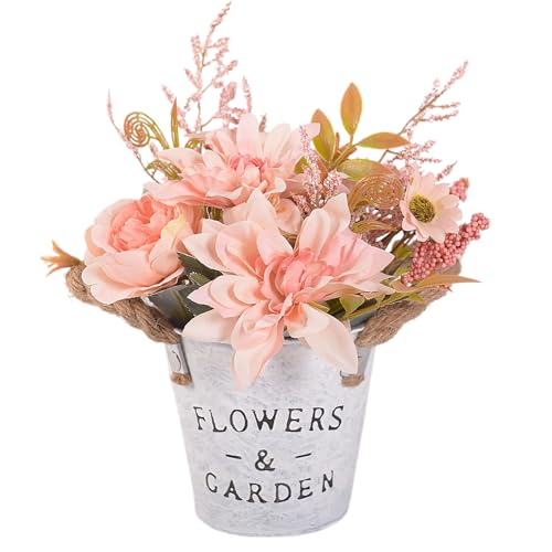 Tomotato Künstliche Blumen Fall Blumenarrangement Sonnenblumenstrauß mit Metalltopf gefälschte Blumenstämme Zweige Kernstück für Thanksgiving -Tischdekoration (Rosa) von Tomotato