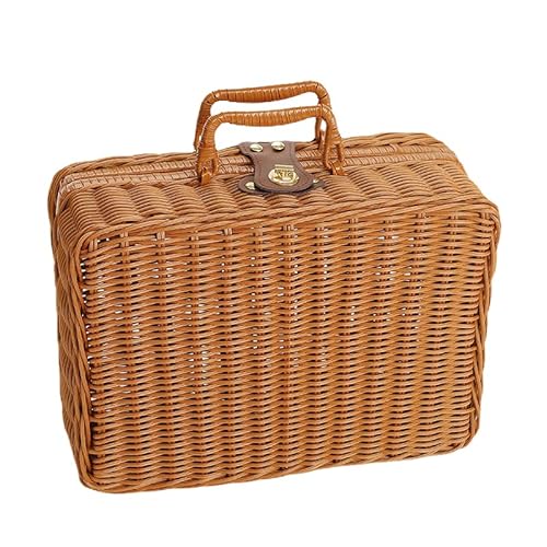 Weiden Picknickkorb, Retro Gewebte Picknickbox, Kunststoff Rattan Koffer Picknickkorb mit Griffen und Metallschloss für Outdoor Camping, Foto Requisite(S-Braun) von Tomotato