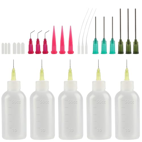 5 STK Nadelflaschen 50ml Nadelflaschen Applikator, Dosierflaschen Präzisionsspitzen Nadelspitze Applikator Flaschen mit 17 Dispensing Nadeln & Kappen für DIY Handwerk Nachfüllkleber Leimflasche Leer von Tomoyuki