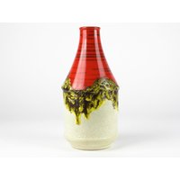 Große Duemler & Breiden Keramik Vase, Rot Weiß Gelb Fat Lava, West German Pottery 70Er Jahre von TomsVintageSalon