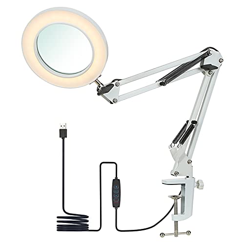 Flexibel Lupe mit Licht und Ständer größer, Schreibtischlampe Led Dimmbar mit 8-facher Lupe, Schwenkarm, Dimmbare LEDs, 3 Farbmodi und 10 Helligkeitsstufen, Lupenleuchte Kosmetiklampe (Weiß) von Tomshine