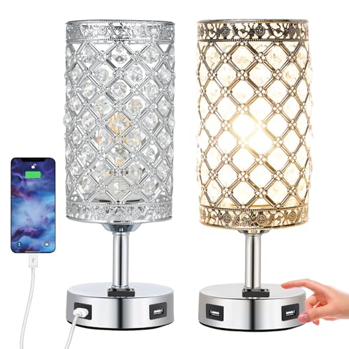 Nachttischlampe Dimmbar 12W 950LM, 2er-Pack Tischlampe Kristall mit Touch-Steuerung, zwei USB-Anschlüssen, 2 Glühbirnen (E27-Sockel), EU-Ladegerät, für Wohnzimmer, Schlafzimmer, Esszimmer – 30CM von Tomshine
