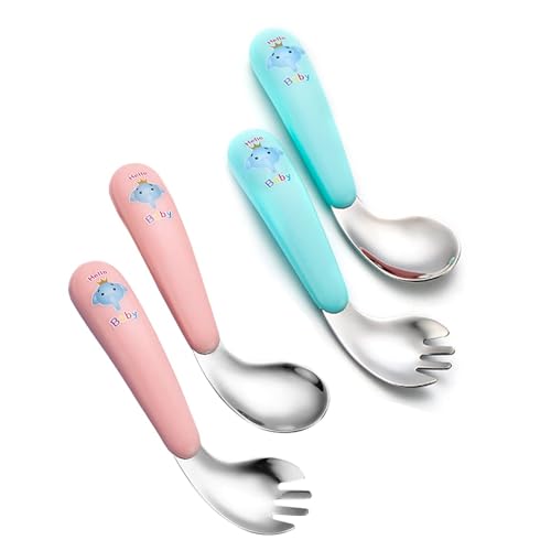 4-Teilig KinderBesteck Edelstahl, Baby Utensilien Löffel Gabel Set, Esslernbesteck Baby,Kinder Besteck Set,lernlöffel baby Löffel Gabel, Bringen Sie Ihrem Baby den Spaß,Selbstständig Essen von Tomuvpzn