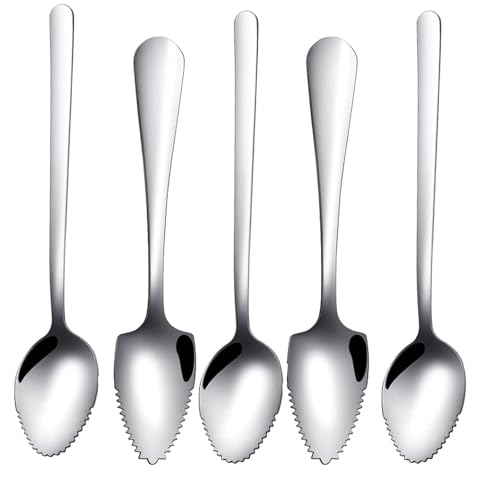 Grapefruit Löffel 5 Teiliges Set,4 Grapefruitlöffel aus Edelstahl,Kiwi Löffel, Grapefruitlöffel,Dessertlöffel,mit Wellenschliff geeignet für Obst von Tomuvpzn