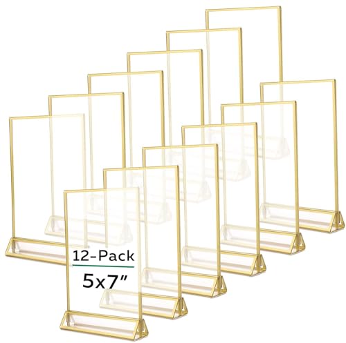 TonGass (12er-Pack 12 x 17,8 cm Standard doppelseitige Acryl Hochzeit Tisch Zahlen Bilderrahmen, klare Schilderhalter mit 3 mm goldfarbenem Rand und vertikalem Ständer von TonGass