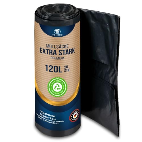 Profi Müllsäcke 120L - EXTRA STARK - 70 μ - bis 30 kg belastbar - 20 Stk - reißfeste Müllbeutel 120L - stabile Mülltüten 120L - 20 bis 600 Säcke wählbar (20) von Toneco