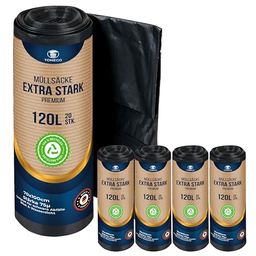 Profi Müllsäcke 120L - EXTRA STARK - 70 μ - bis 30 kg belastbar - 80 Stk - reißfeste Müllbeutel 120L - stabile Mülltüten 120L - 20 bis 600 Säcke wählbar (80) von Toneco