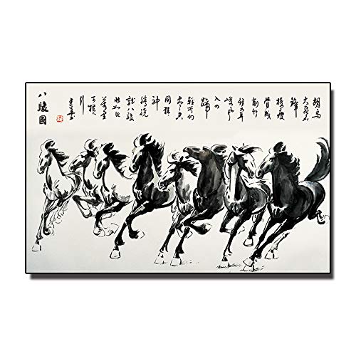 TongDaZhuangShi Chinesische acht Pferde Gemälde auf Leinwand drucken Retro Tierposter Schwarz-Weiß-Wandkunstbilder für Wohnzimmerdekoration 35 x 60 cm Rahmenlos von TongDaZhuangShi