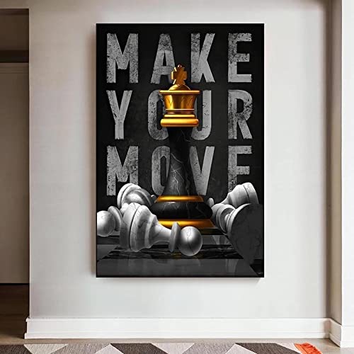 TongDaZhuangShi Schwarz-weißes internationales Schachdruck-Poster MAKE YOUR MOVE Inspirierendes Leinwandbild, Wandkunst, Bild für Wohnzimmer, 50 x 70 cm, rahmenlos von TongDaZhuangShi