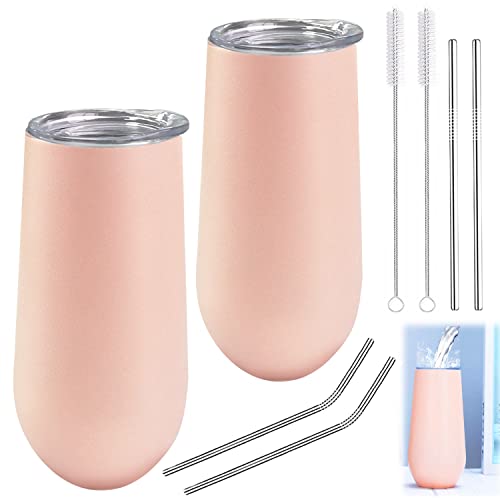 Tongboke 2 Stück Weinbecher Edelstahl, Sektgläser Edelstahl, Champagnergläser Wird mit 2 Sets von Bürsten und Strohhalmen geliefert,Sektgläser To Go für Büro, Party, Camping Weingläser,Reisen von Tongboke