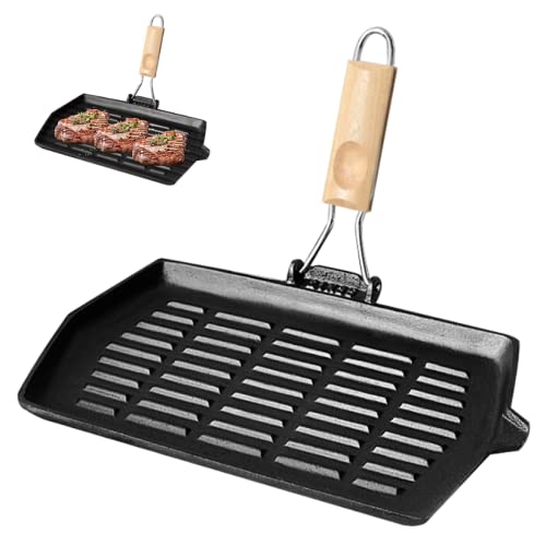 Tongboke Grillpfanne Gusseisen, 20x30cm Steakpfanne, mit Klappbarem abnehmbar Holzgriff, Grillpfanne Antihaft, Geeignet für Haushaltsherde Wie Gas, Induktionsherd, etc von Tongboke