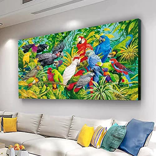 Tongda Decor Leinwandbilder mit Papageien auf einem Ast, bunte Papageien, Vögel versammeln sich, Poster, grüner Wald, schönes Zuhause, Leinwandkunst, Heimdekoration, 60 x 120 cm, Innenrahmen von Tongda Decor