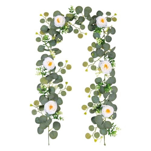 Eukalyptus-Girlande mit Blumen für den Tisch – Hochzeitskranz, künstliche Eukalyptus-Blumengirlande, Rebe für Hochzeit, Tischläufer, Hintergrund, Partys, Tafelaufsatz, Raumdekoration von Tongfer