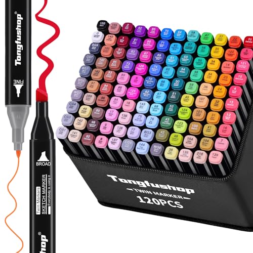 Tongfushop 120 Farben Alkohol Stifte Set, 2S Schnell Trocknende Doppelspitze Alkohol Marker, Meißel & Feine Alkoholmarker Filzstifte mit Anti-Seepage Abstandshaltern für Malerei Design Manga von Tongfushop