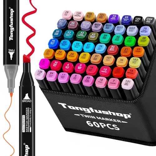 Tongfushop 60 Alkohol Stifte Set, 2 Sekunde Schnell Trocknende Alkohol Marker Set, Doppelseitige Marker Stifte Filzstifte mit Anti-Seepage Abstandshaltern für Malerei, Zeichnung, Design, Manga von Tongfushop