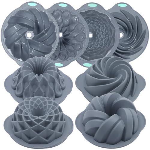 Tongjude 4 Stück Silikon Riffelkuchenformen, 10/12 Tassen Rohr Backform, Antihaft-Küche Ofen Backformen, Silikonformen für Hausgemachte Kuchen, Brot und Jello, Grau von Tongjude