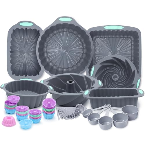 Tongjude 72 Stück Silikon-Backformen Set, Antihaft-Backformen Set, Easy Release Backofen Silikonpfanne für die Küche mit Kuchenformen, Laib Pfannen, Backformen, Messbecher und Löffel Set, grau von Tongjude