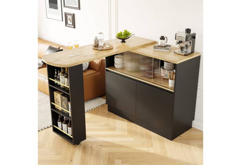 Tongtong Bartisch Um 360° drehbare Sideboard mit Ablageflächen und Glas, weiß/schwarz (1*Hauptkörper,1*Beweglicher Teil,1*Anschlussplatte), Hauptkörper 90 x 45 x 100 cm von Tongtong