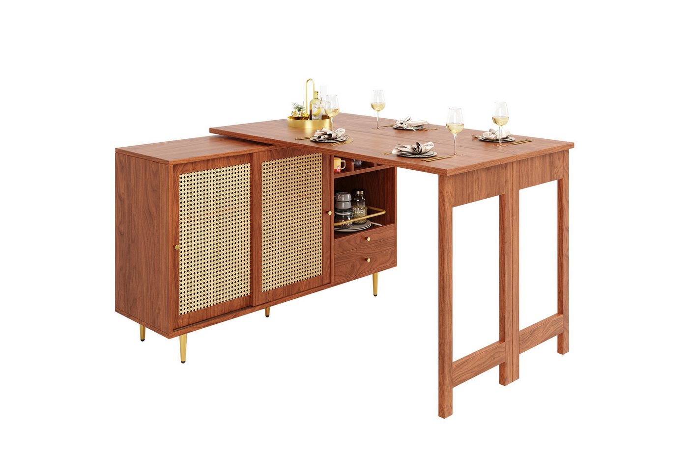 i@home Bartisch Um 360° drehbarer, mit Rattantür und offenes Lagerregal, Braun/Schwarz (1* Hauptkörper, 1* ausziehbarer Tisch), ausziehbarer Design, Hauptkörper: 107 x 40 x 71,4 cm von i@home