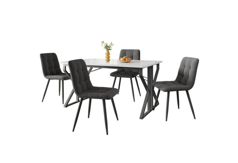 Tongtong Essgruppe,(5-tlg), 119x75cm Esstisch mit 4 Stühlen Set, (Moderner Küchentisch Set, für 4 Personen), Esstisch mit schwarzen Eisenbeinen und grauen Stühlen von Tongtong