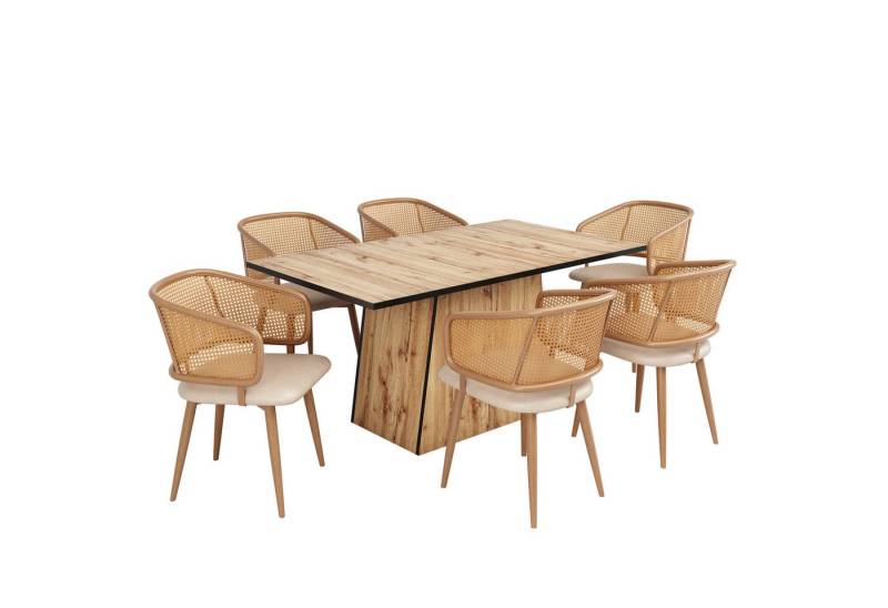 Tongtong Essgruppe moderner Küchentisch Set, MDF Tischplatte, Rattan Stühlen, (geeignet für Esszimmer und Wohnzimmer, 7-tlg), 138.5x80cm Esstisch mit 6 Stühlen Set, Beige von Tongtong