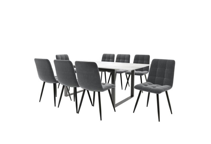 i@home Essgruppe Moderner Küchentisch Set, MDF Tischplatte in Weißer, (Set,140/180×80×75cm Esstisch mit 8 Stühlen), Dunkelgrau von i@home