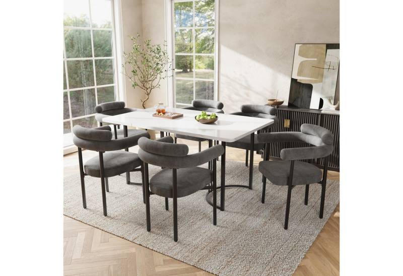 Tongtong Essgruppe moderner Küchentisch Set, MDF Tischplatte, Samt Stuhl mit Eisenbeinen, (geeignet für Esszimmer und Wohnzimmer, 7-tlg), 140x80cm Esstisch mit 6 Stühlen Set, Grau von i@home