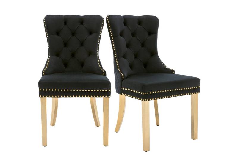 Tongtong Esszimmerstuhl Küchenstuhl, Wohnzimmerstuhl, Stützbeine aus vergoldetem Edelstahl (mit einzigartigem Türklopfer auf der Rückseite, 2 St), Bis 150 kg belastbar, Polsterstuhl mit Nagelkopfbesatz,Samt, Schwarz von Tongtong