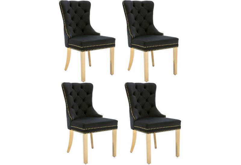 Tongtong Esszimmerstuhl Küchenstuhl, Wohnzimmerstuhl, Stützbeine aus vergoldetem Edelstahl (mit einzigartigem Türklopfer auf der Rückseite, 4 St), Bis 150 kg belastbar, Polsterstuhl mit Nagelkopfbesatz,Samt, Schwarz von Tongtong