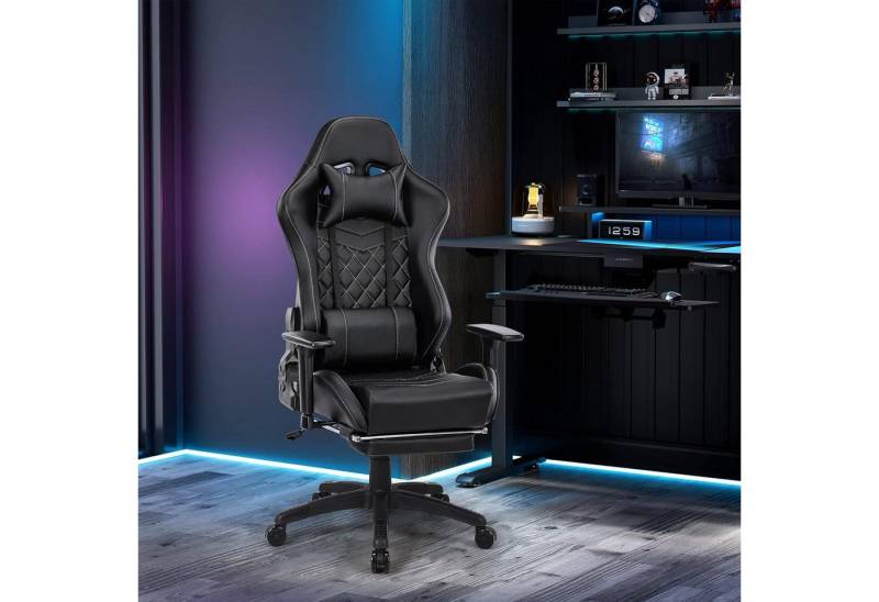 Tongtong Gaming Chair mit Fußstützen und MassagefunktionVerdickte Sitzkissen, Schwarz, Höhenverstellbarer von Tongtong