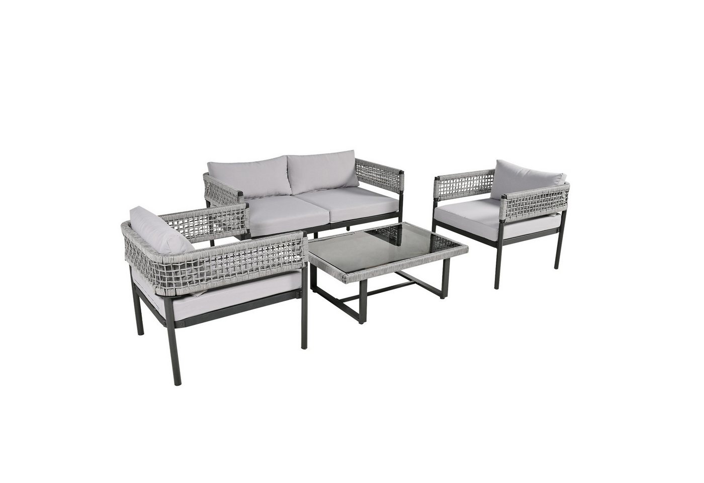 Tongtong Gartenlounge-Set Gartenmöbel-Set aus Seil, verstellbare Füße, glatte Glastischplatte, (4er-Set, inklusive aller Sitz- und Rückenkissen) von Tongtong